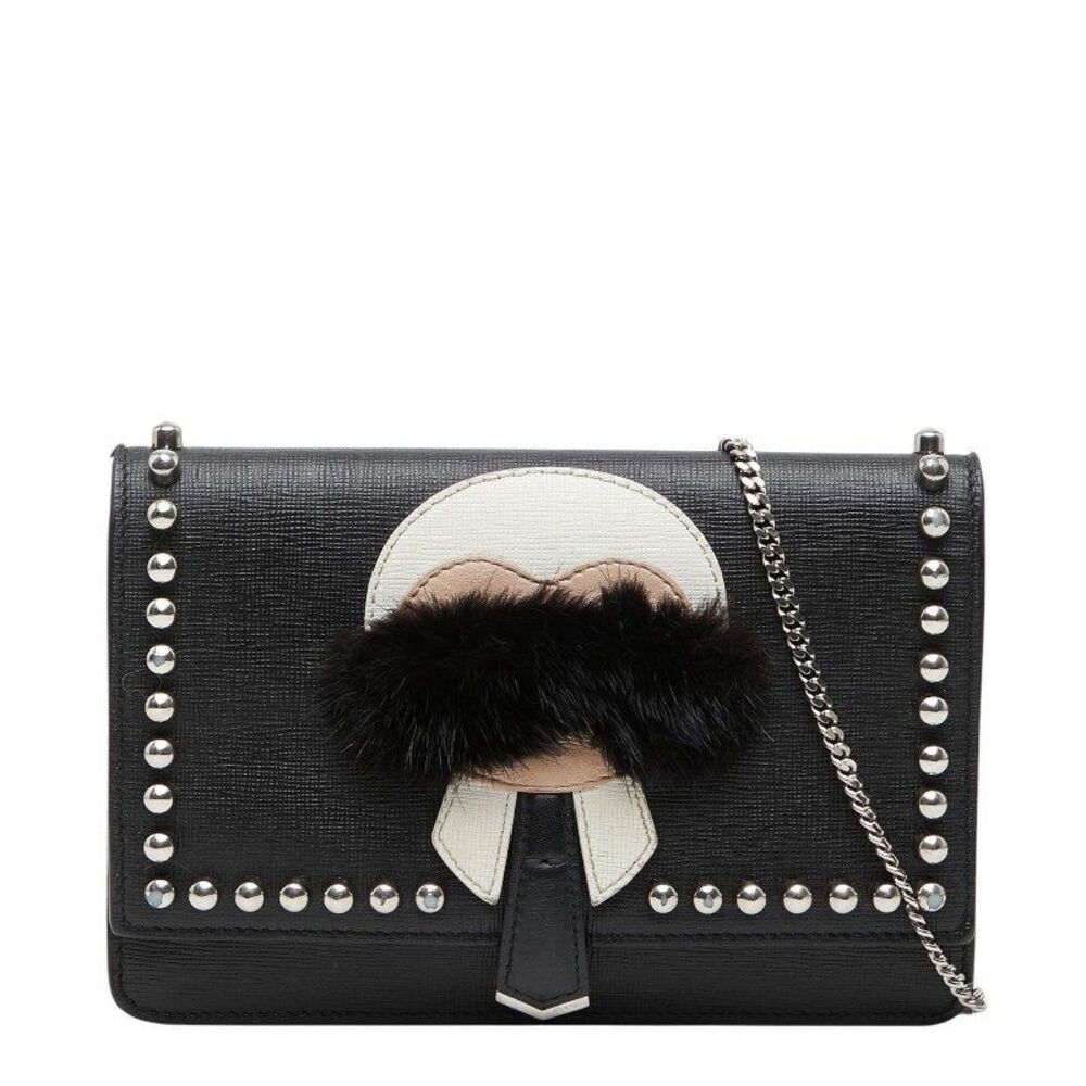 Fendi Karlito Studs Leather Fur Chain Wallet